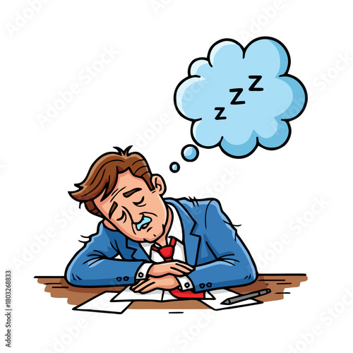 Tired businessman in suit is sleeping at his desk with papers and pen, dreaming sleep with zzz in thought bubble