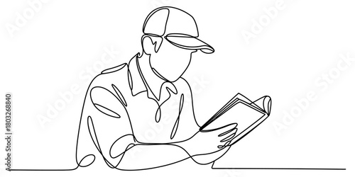 Continuous line drawing of a person wearing a cap, deeply focused while reading a book or document, minimalist art style vector illustration