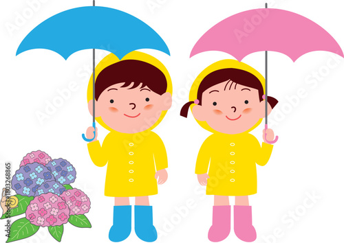 傘をさすレインコートの男の子と女の子と紫陽花
