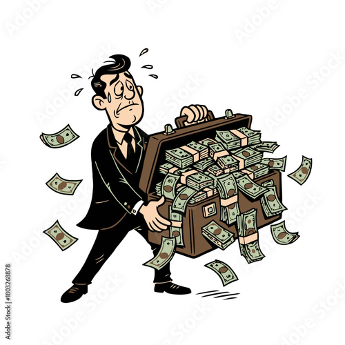 Stressed businessman struggles to carry large, heavy briefcase packed with money, with cash spilling out, conveying the burden wealth or financial responsibility