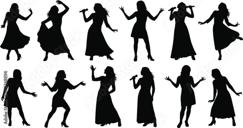 Black silhouettes of women singing dancing and posing in various dresses and outfits