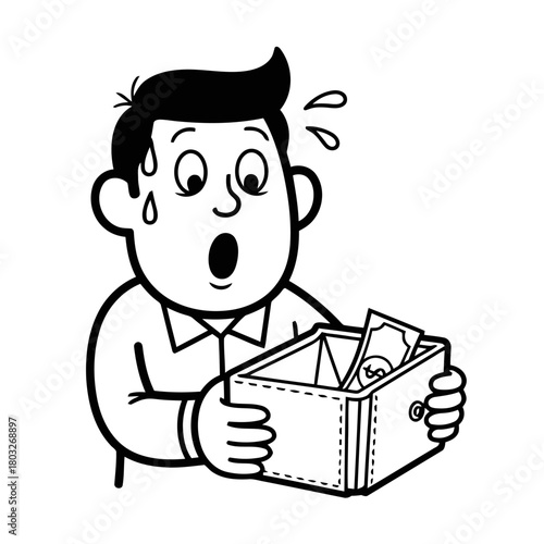 Shocked man looking at his empty wallet with only one bill inside, realizing he has no money