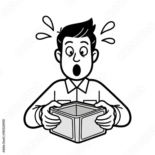 Man with shocked expression looking into an empty box