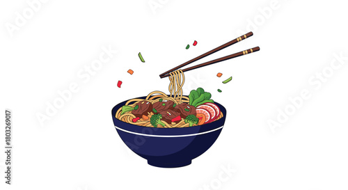 Delicious Asian Noodles in a Bowl with Chopsticks.
