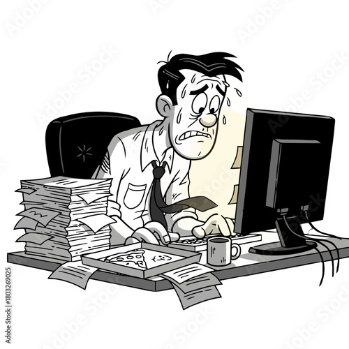 Stressed businessman working late at computer surrounded by piles paperwork