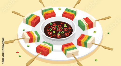 Colorful Rainbow Layered Dessert Skewers with Dipping Sauce.