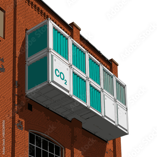 Modern carbon capture technology, housed within repurposed shipping containers, is affixed to a historic brick building, representing urban sustainability and ecological innovation.