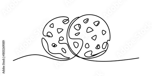 Minimalist one line art drawing of two delicious chocolate chip cookies, a sweet baked dessert snack, perfect for a sweet treat illustration.