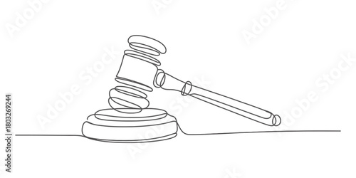 Single continuous line drawing of a judge's gavel and sounding block, illustrating concepts of justice, law, authority, and court proceedings