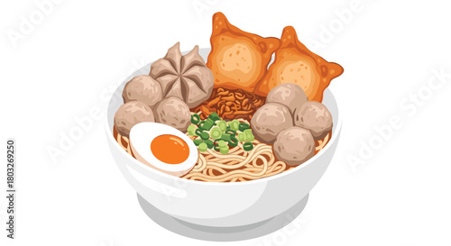 Delicious Indonesian Bakso Meatball Noodle Soup Bowl.