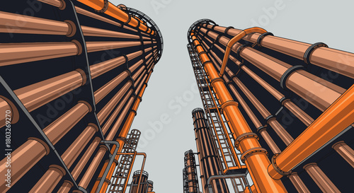 A stylized vector illustration captures towering industrial pipes and storage tanks from a dramatic low angle, emphasizing complex infrastructure and energy production.