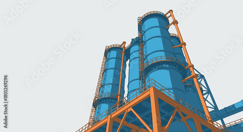 A stylized low-angle illustration of a modern industrial facility, featuring prominent blue storage silos and orange structural supports, representing industry, energy.