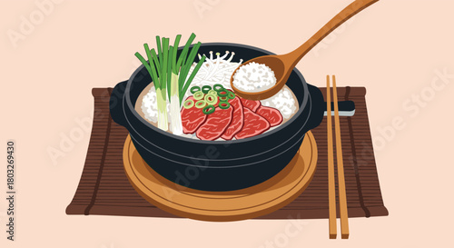 Korean beef soup with rice and vegetables in a bowl.