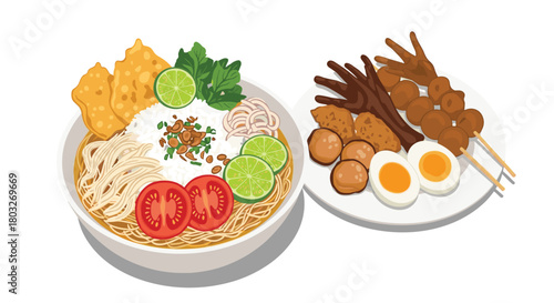 Delicious Indonesian food noodles with side dishes culinary delights.