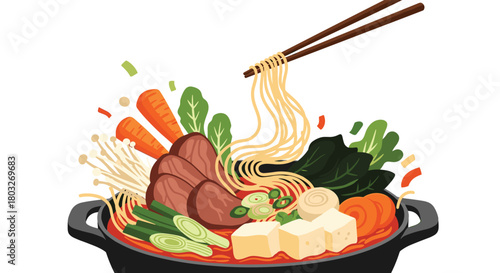 Delicious Korean hot pot with noodles and vegetables.