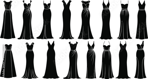 Collection of black silhouette formal evening gowns with varied necklines and skirt designs
