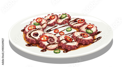 Delicious sushi rolls with toppings on a white plate.