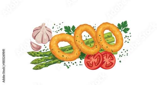 Delicious onion rings with fresh vegetables and spices.