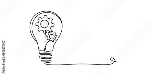 One continuous line drawing of a lightbulb with gears inside representing idea generation, problem solving, innovation and mechanism. minimalist design.