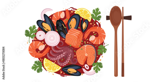 Delicious seafood platter with chopsticks and spoon culinary delight.