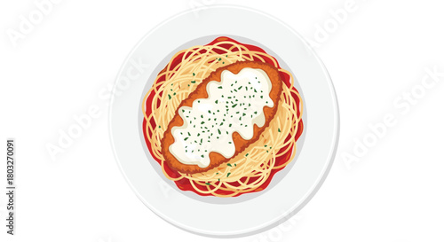 Delicious Italian dish of chicken parmesan and spaghetti.