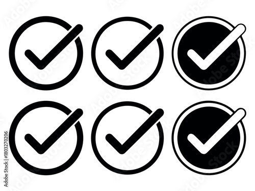 Check mark vector icon set symbol in circle shape for approval success and correct choice design 100