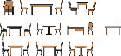 Collection of cartoon style wooden tables and chairs in various arrangements furniture