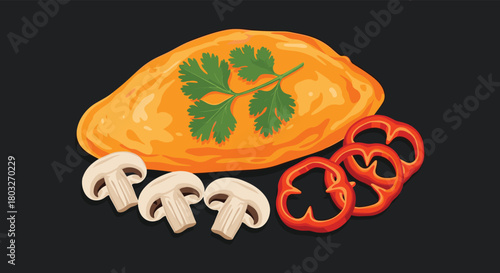 Delicious omelet with vegetables and mushrooms on a dark background.