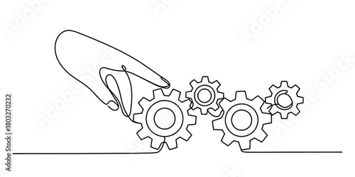 Continuous line drawing of a hand engaging interconnected gears, symbolizing mechanism, process, system, innovation, teamwork, strategy, and solution.