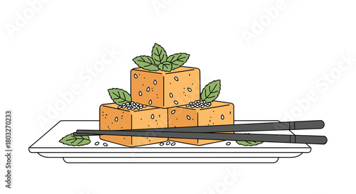 Delicious fried tofu cubes with fresh basil leaves and chopsticks.