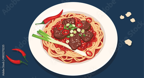Delicious spaghetti dish with meatballs and fresh vegetables.