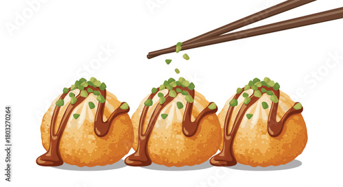 Delicious Takoyaki Balls with Sauce and Green Onions.