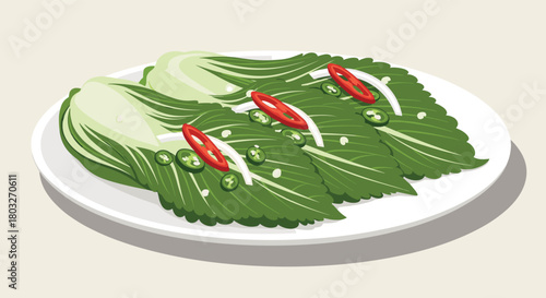 Freshly prepared kimchi dish with red chili peppers on a white plate.