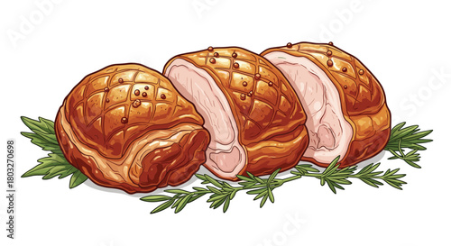 Delicious Roasted Ham Slices on Rosemary Sprigs Culinary Delight.