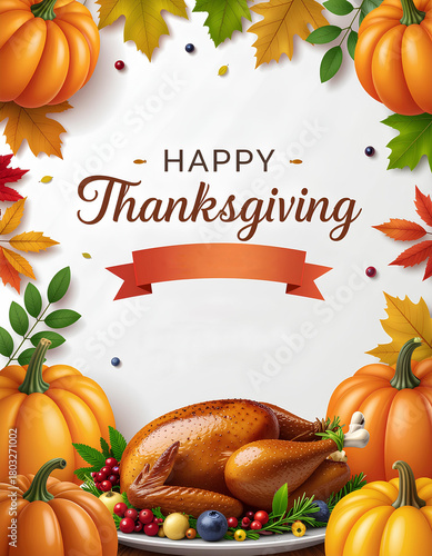 Happy thanksgiving banner background with pumpkins, turkey and leaves