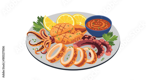 Delicious seafood platter with grilled octopus and calamari.