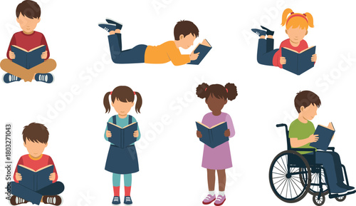 Diverse children reading books in various poses and clothing diversity boys