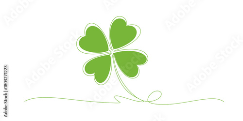 Four leaf clover continuous line art drawing in green, symbolizing luck, good fortune, nature, and irish heritage, simple design