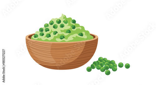 Fresh Green Pea Puree in Wooden Bowl with Scattered Peas.