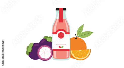 Refreshing fruit juice bottle with mangosteen and orange composition.