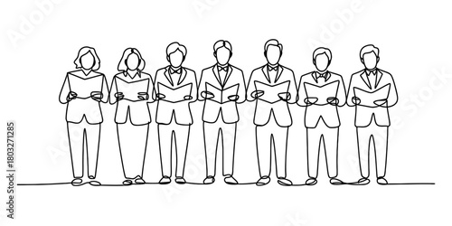 One continuous line drawing of a diverse business group or choir standing in a line, holding open books or sheet music and reading together in unity.
