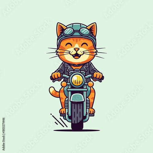 Happy cartoon cat riding a classic motorcycle, wearing a helmet and leather jacket.