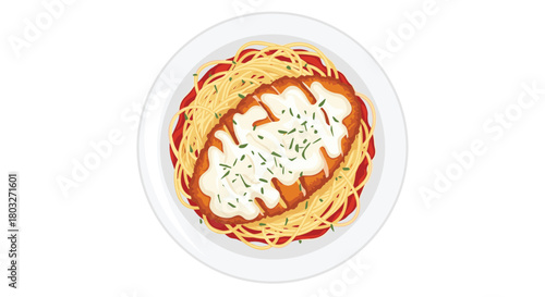 Delicious Chicken Parmesan with Spaghetti on a White Plate.