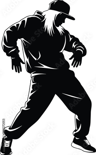 Silhouette of a person in a baseball cap and hoodie dancing with arms outstretched