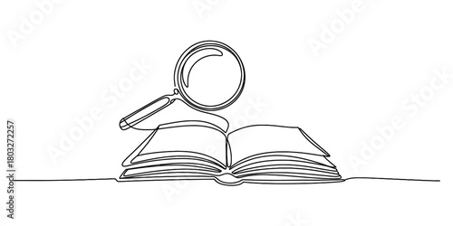 Single continuous line drawing of an open book with a magnifying glass, depicting the concepts of knowledge, education, research, and analysis.