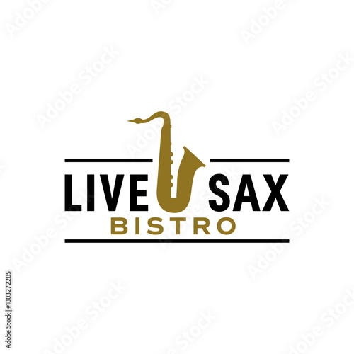 Stylish bistro logo featuring a golden saxophone integrated with clean typography and simple line accents, creating a modern and musical dining identity. Editable Vector File
