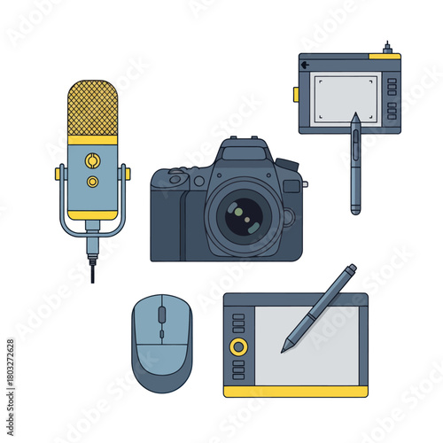 A flat line art illustration set of digital creator tools including a camera, microphone, graphics tablets, and a mouse.