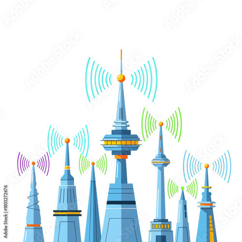 A group of modern telecommunication towers emitting colorful radio wave signals.