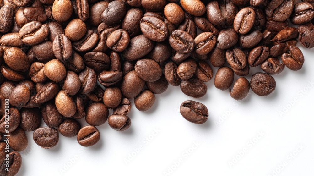 Fototapeta premium A close-up view of roasted coffee beans showcasing their rich color and texture, perfect for coffee enthusiasts and culinary uses.