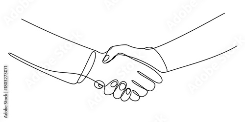 Minimalist continuous line art drawing of a handshake, symbolizing partnership, agreement, trust, deal, cooperation, and successful business.